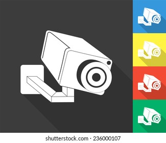video surveillance camera icon - gray and colored (blue, yellow, red, green) vector illustration with long shadow