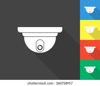 video surveillance camera icon - gray and colored (blue, yellow, red, green) vector illustration with long shadow