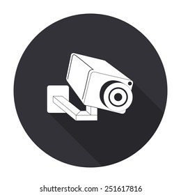 video surveillance camera icon with long shadow - vector round button