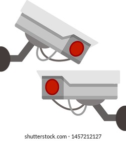 Video surveillance camera. Security footage set. safety and security. fixation in the wall. Cartoon flat illustration. White CCTV device with red lens