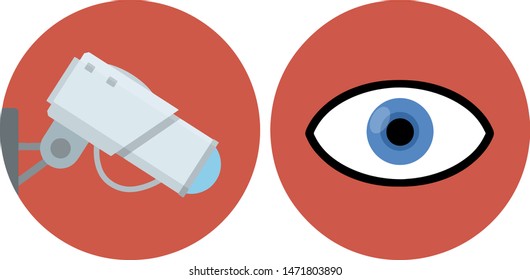 Video surveillance camera. Security footage set. safety and security. White CCTV device with lens. Human eye icon. control and monitoring in blue circle. Cartoon flat illustration