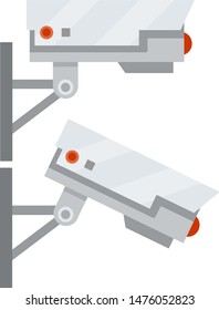 Video surveillance camera. Security footage set. safety and security. Cartoon flat illustration. fixation in the wall. White CCTV device with red lens