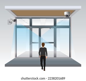 Video surveillance cameras and ip camera at the entrance to the store. People are being monitored by a video surveillance camera. Vector.