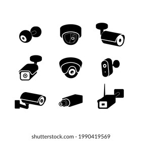 Monitorado de vídeo cámara cctv conjunto de iconos de estilo minimalista negro, ilustración vectorial aislada en fondo blanco. Colección de varias cámaras de seguridad.
