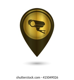 Video surveillance CCTV Camera - black vector icon; golden  map pointer