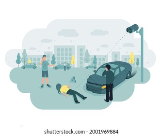 Video surveillance. CCTV. A video surveillance camera recorded a traffic accident. The car knocked down a man. A pedestrian lies on the road. Vector illustration. svg