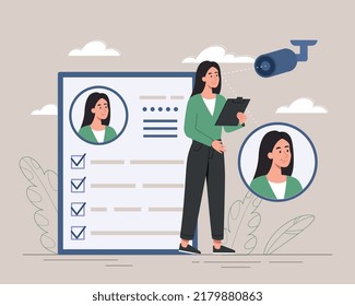 Video surveillance and face recognition. Camera determines persons appearance based on biometric data. Girl holding tablet with results of checking tracking system. Cartoon flat vector illustration
