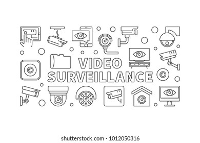 Video surveillance horizontal banner in thin line style on white background. Vector illustration