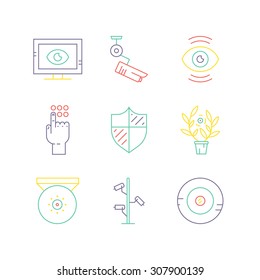 Video surveillance icons made in modern line style. Secutiry cameras illustration. Monitored area and protection of property concept.
