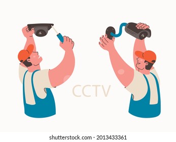 Video surveillance installation. Professional installs video security camera. Vector isolated illustration. Installing CCTV