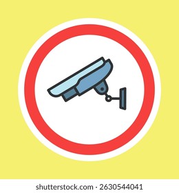 Etiqueta video de la vigilancia, etiqueta engomada de la cámara CCTV hecha estilo plano del color, Ilustración vectorial