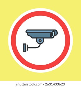 Etiqueta video de la vigilancia, etiqueta engomada de la cámara CCTV hecha estilo plano del color, Ilustración vectorial