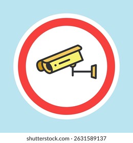 Etiqueta video de la vigilancia, etiqueta engomada de la cámara CCTV hecha estilo plano del color, Ilustración vectorial