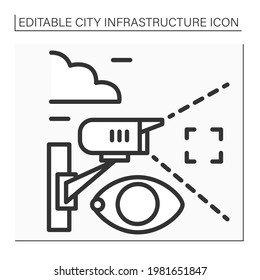 Video surveillance line icon. Camera transmits signal to specific person. Surveillance of area from distance. Outline drawing. Public control concept. Isolated vector illustrations. Editable stroke