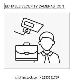  Video surveillance line icon. Face recognition at work by camera. Observation at the office. Security camera concept. Isolated vector illustration.Editable stroke