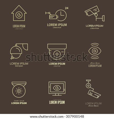 Video surveillance logos made in modern line style. Secutiry cameras labels. CCTV icons.