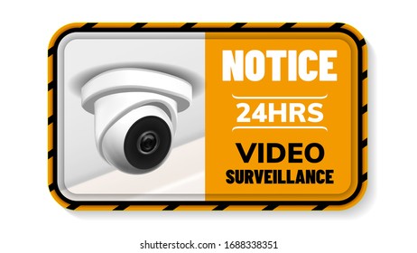 Video Surveillance Notice Nameplate Banner Vector. Ceiling Supervision Security Cctv Transmit Video And Audio Signal To Wireless Receiver Through Radio Band. Realistic 3d Illustration