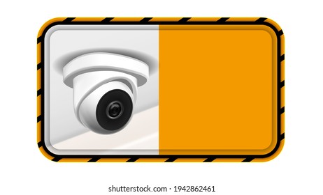 Video Surveillance Notice Nameplate Banner Vector. Ceiling Supervision Security Cctv Transmit Video And Audio Signal To Wireless Receiver Through Radio Band. Realistic 3d Illustration