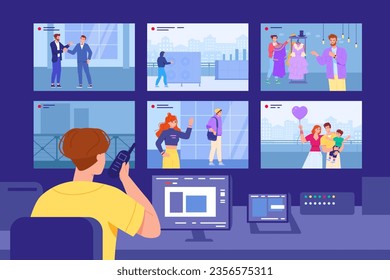 Video surveillance room. Professional security cctv monitoring, guard service worker with phone watching camera monitor, city video control system office vector illustration of video security control