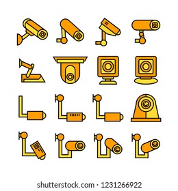 video surveillance security camera icons, yellow theme