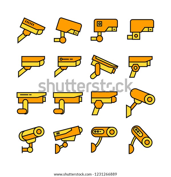 Video Surveillance Security Camera Icons Yellow Stock Vector (Royalty