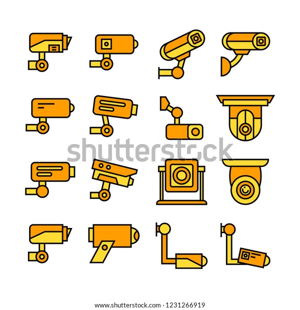 Video Surveillance Security Camera Icons Yellow Stock Vector (Royalty