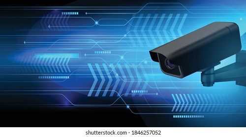 Video Surveillance Security Cameras Composition With Realistic Image Of Camera On Abstract Background With Connected Lines Vector Illustration