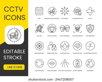 Iconos de línea de Vector de videovigilancia con trazos editables, detección humana de cctv y ai, alimentado por batería y fecha, doble lente y reconocimiento facial, comparación de caras y resistencia a la congelación, mapa de calor