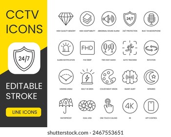 Videoüberwachungs-Set-Vektorgrafik-Linien-Symbole für Verpackungen mit editierbarem Strich, CCTV 24 auf 7 Schutz, abnormaler Sound-Alarm und Benachrichtigung, App-Steuerung und automatische Verfolgung, eingebautes Mikrofon