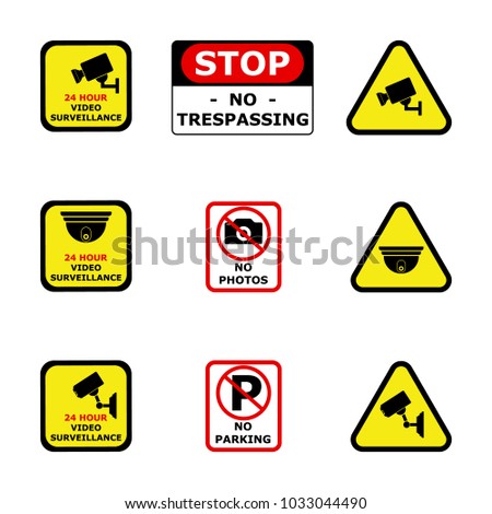 Video surveillance sign. Security camera icon. No trespassing sign. No photos no camera sign. No parking. Vector set.