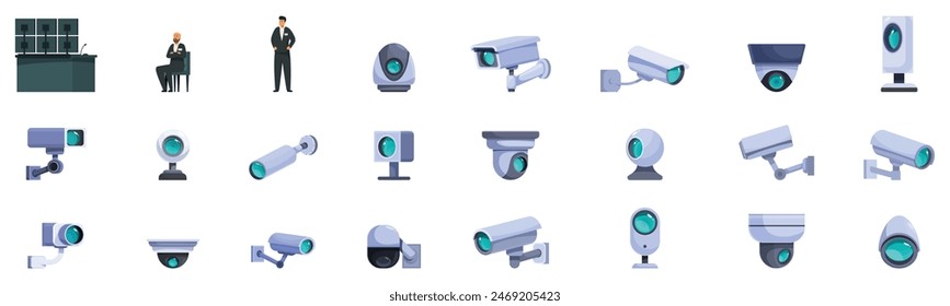 Video surveillance system icons set vector. A collection of various security cameras, including a man in a suit standing in front of a desk