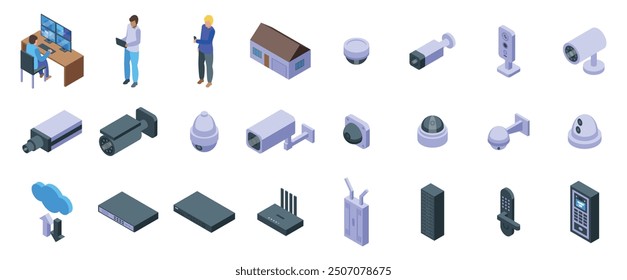 Video surveillance system icons set. Security system protecting building using modern technologies, cctv control service monitoring surveillance cameras