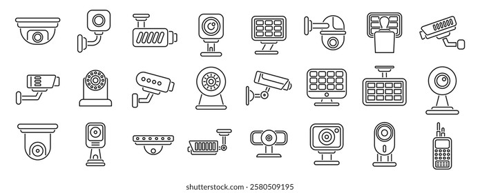  Video surveillance system icons set. Various types of security cameras providing surveillance and ensuring safety in diverse environments