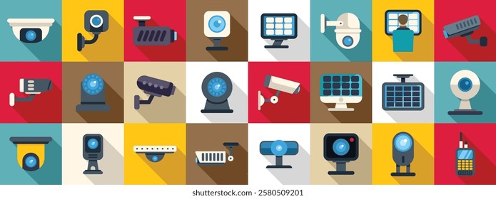  Video surveillance system icons set. Various security cameras and surveillance equipment ensure safety and monitoring