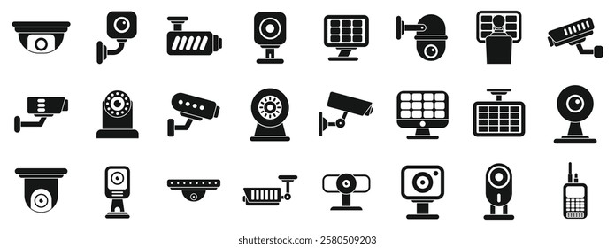  Video surveillance system icons set. Various types of security cameras, including cctv, ip cameras, and surveillance systems, ensure safety and protect property