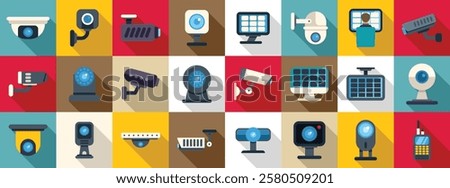  Video surveillance system icons set. Various security cameras and surveillance equipment ensure safety and monitoring