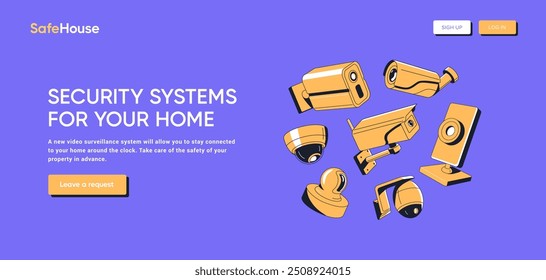 Video surveillance systems web banner. Website design of different types of digital security cameras. Promo page of CCTV, equipment for monitoring streets and houses safety. Flat vector illustration