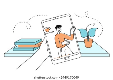 Video at tablet linear. Online tutorial and course on internet. Man create interesting content for social networks and videohosting. Simple flat vector illustration isolated on white background