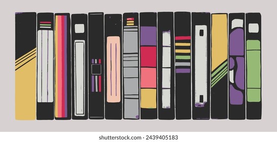 Video tapes with labels and covers. Front view and side view. Vector illustration.