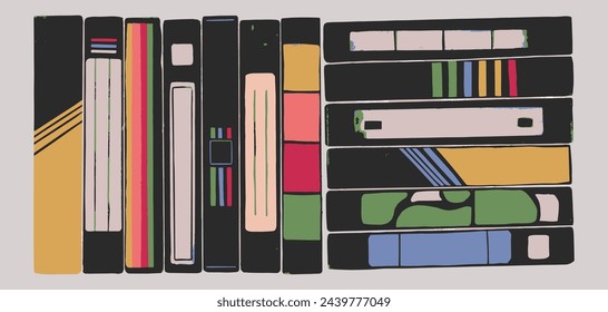 Video tapes with labels and covers. Trendy vector illustration.