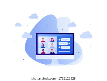 Video teleconference, remote online meeting and chatroom concept. Vector flat person illustration. Group of multiethnic people avatar on computer screen. Design for banner, web, infographic