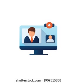 Video Telephony Flat Icon. Video Conference Call With Doctor. Telehealth Medical Care. Virtual Medical Consultation. Telemedicine, Health Care Concept. Color Vector Illustration With Shadow