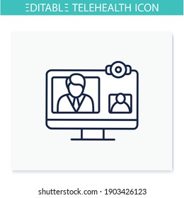 Video Telephony Line Icon. Video Conference Call With Doctor. Telehealth Medical Care. Virtual Medical Consultation. Telemedicine, Health Care Concept. Isolated Vector Illustration. Editable Stroke 