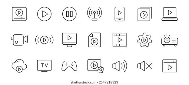 Video thin line icons set. Camera, player, live, production, game symbol. Vector
