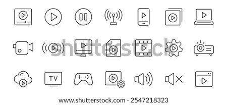 Video thin line icons set. Camera, player, live, production, game symbol. Vector