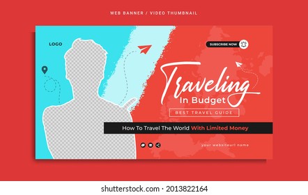 Miniatura de vídeo y plantilla de banner web para el marketing de negocios de viajes. Viaje de vacaciones de verano en la playa, tour o turismo en el diseño de un folleto de promoción en línea. Los medios sociales publican antecedentes gráficos abstractos.