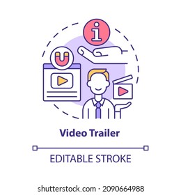 Video trailer concept icon. Presenting new product. Launching small business advertising campaign abstract idea thin line illustration. Vector isolated outline color drawing. Editable stroke