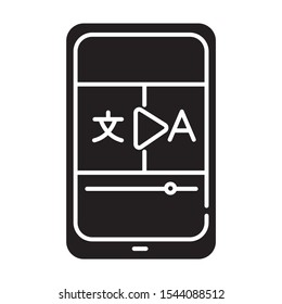Video translation glyph icon. Online dictionary app. Translation services. Visual media interpretation. Language learning means. Silhouette symbol. Negative space. Vector isolated illustration