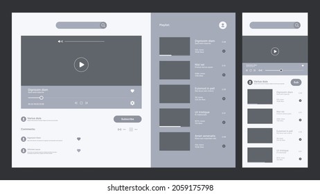 Video tube interface. Multimedia web design pages ui display layouts video record preview garish vector templates set for various divices