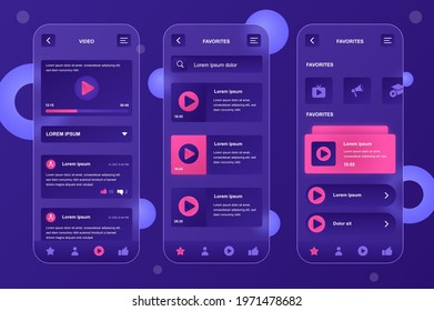 Video tube neumorphic elements kit for mobile app. Video playlist, multimedia content, feedback, webpage navigation. UI, UX, GUI screens set. Vector illustration of templates in glassmorphic design